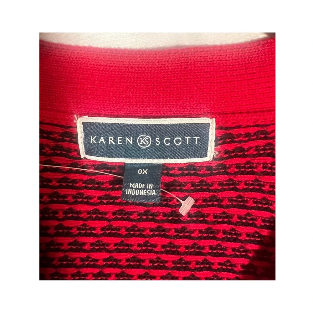 Karen Scott‎ Red Black Houndstooth Knit V-Neck Sweater Pullover Size 0X NWOT